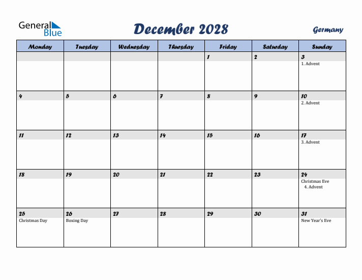 December 2028 Calendar with Holidays in Germany