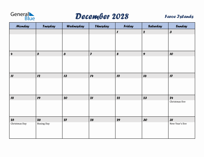 December 2028 Calendar with Holidays in Faroe Islands