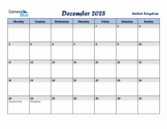 December 2028 Calendar with Holidays in United Kingdom