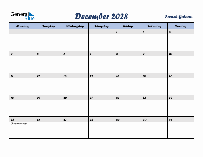 December 2028 Calendar with Holidays in French Guiana