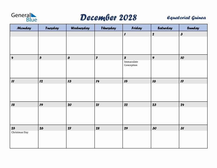 December 2028 Calendar with Holidays in Equatorial Guinea