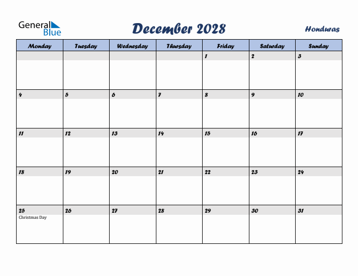 December 2028 Calendar with Holidays in Honduras