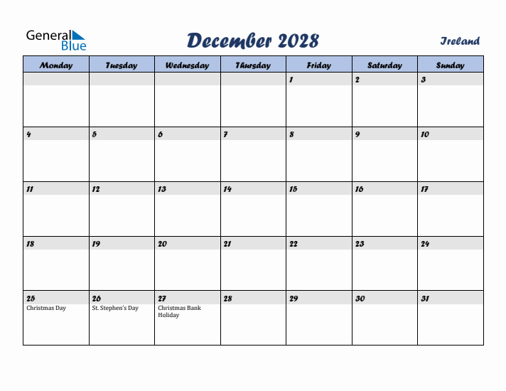 December 2028 Calendar with Holidays in Ireland