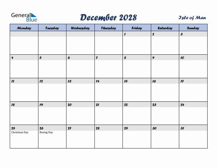 December 2028 Calendar with Holidays in Isle of Man