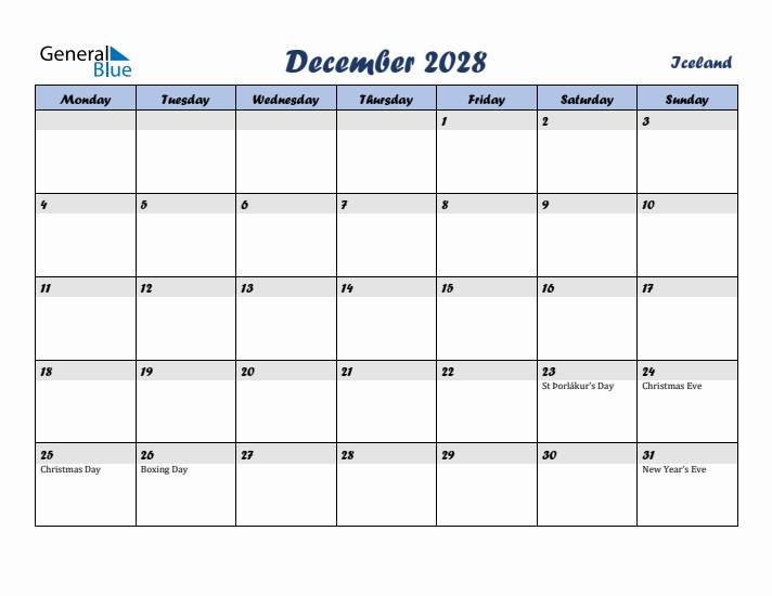 December 2028 Calendar with Holidays in Iceland