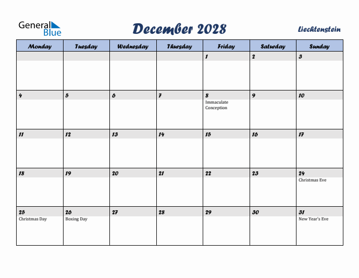 December 2028 Calendar with Holidays in Liechtenstein