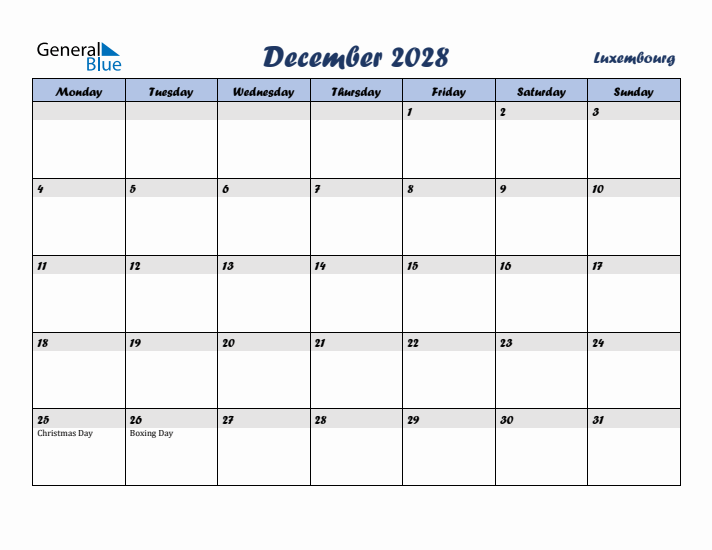 December 2028 Calendar with Holidays in Luxembourg