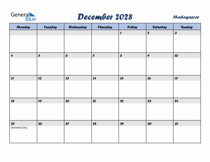 December 2028 Calendar with Holidays in Madagascar