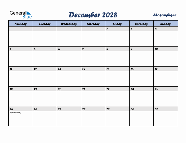 December 2028 Calendar with Holidays in Mozambique