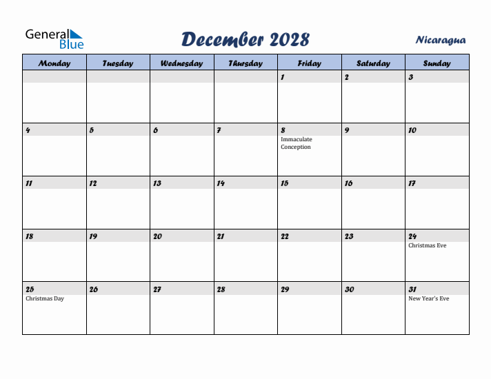 December 2028 Calendar with Holidays in Nicaragua