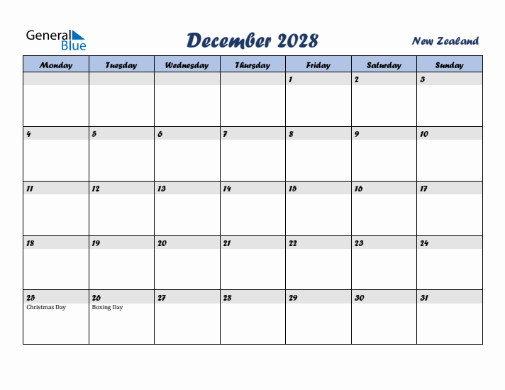 December 2028 Calendar with Holidays in New Zealand
