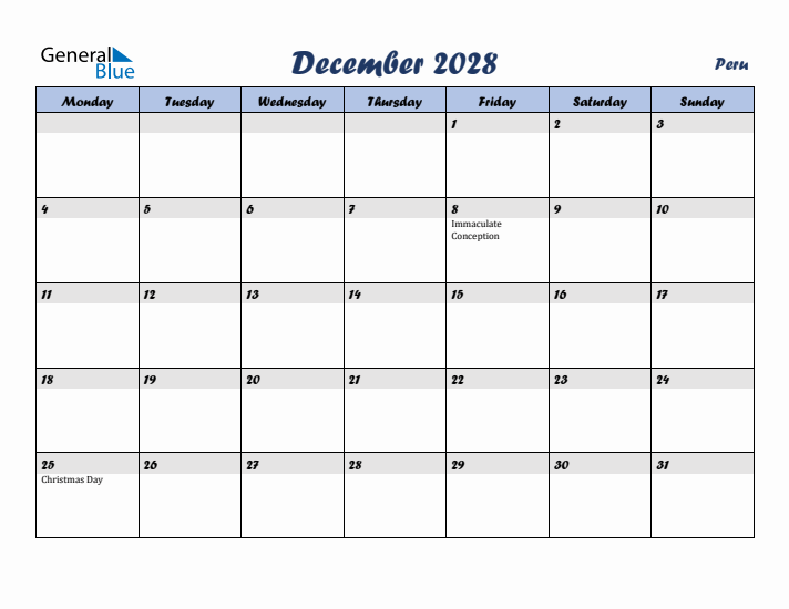 December 2028 Calendar with Holidays in Peru