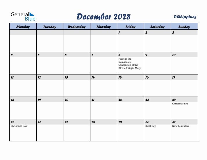 December 2028 Calendar with Holidays in Philippines