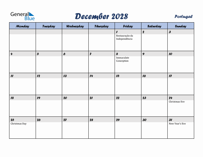 December 2028 Calendar with Holidays in Portugal