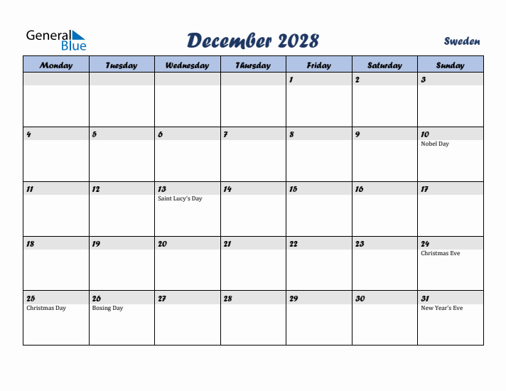 December 2028 Calendar with Holidays in Sweden