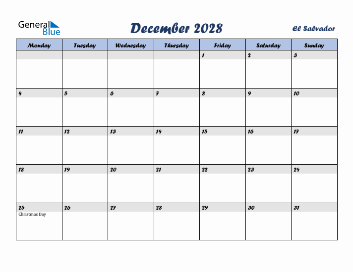 December 2028 Calendar with Holidays in El Salvador