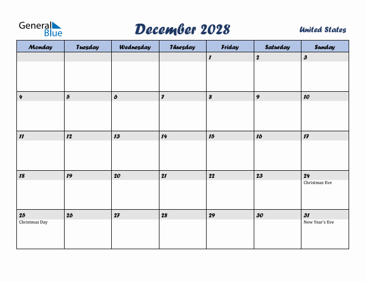 December 2028 Calendar with Holidays in United States