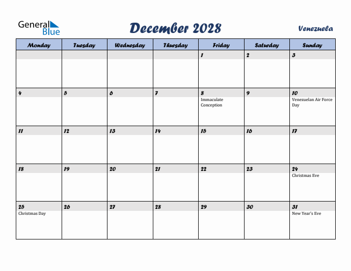 December 2028 Calendar with Holidays in Venezuela