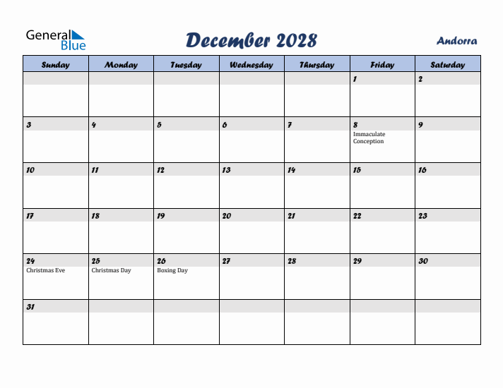 December 2028 Calendar with Holidays in Andorra