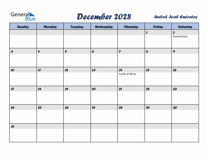 December 2028 Calendar with Holidays in United Arab Emirates