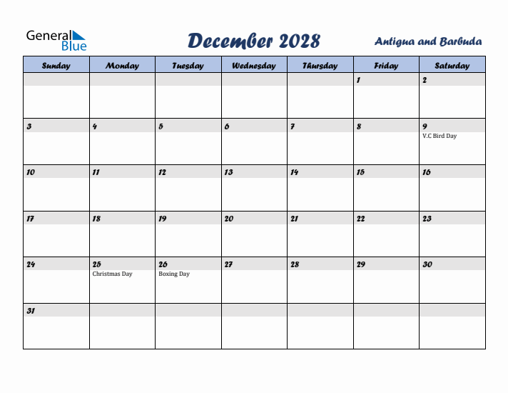 December 2028 Calendar with Holidays in Antigua and Barbuda
