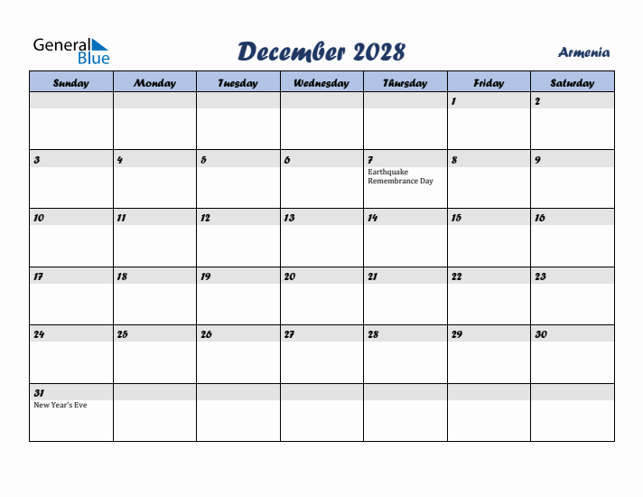 December 2028 Calendar with Holidays in Armenia