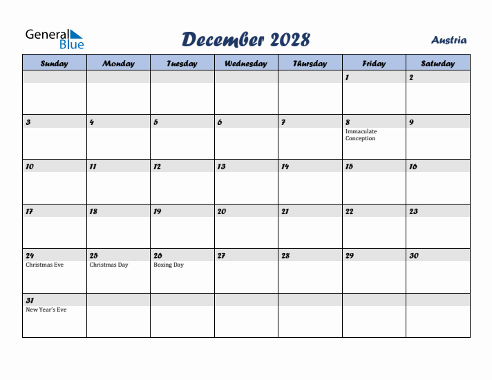 December 2028 Calendar with Holidays in Austria