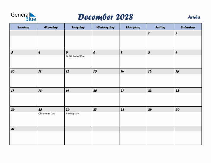 December 2028 Calendar with Holidays in Aruba