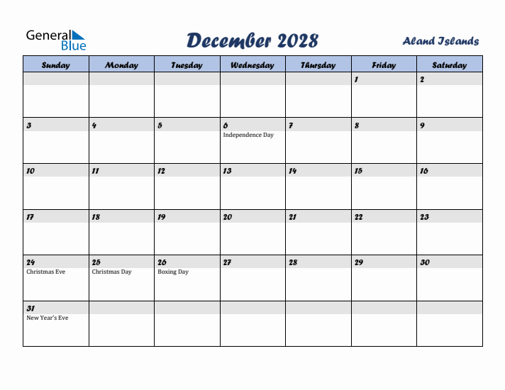 December 2028 Calendar with Holidays in Aland Islands