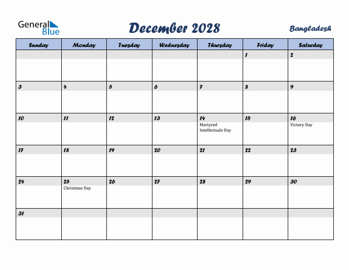 December 2028 Calendar with Holidays in Bangladesh