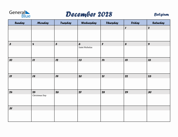 December 2028 Calendar with Holidays in Belgium
