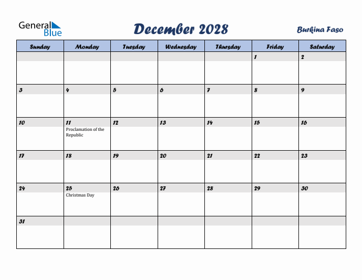 December 2028 Calendar with Holidays in Burkina Faso