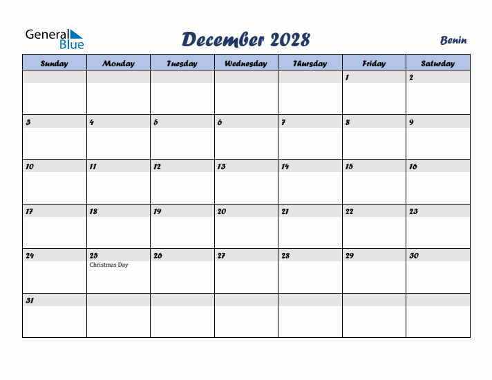 December 2028 Calendar with Holidays in Benin