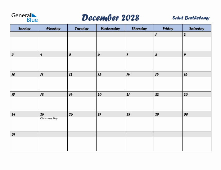 December 2028 Calendar with Holidays in Saint Barthelemy