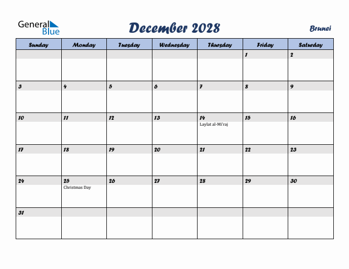 December 2028 Calendar with Holidays in Brunei