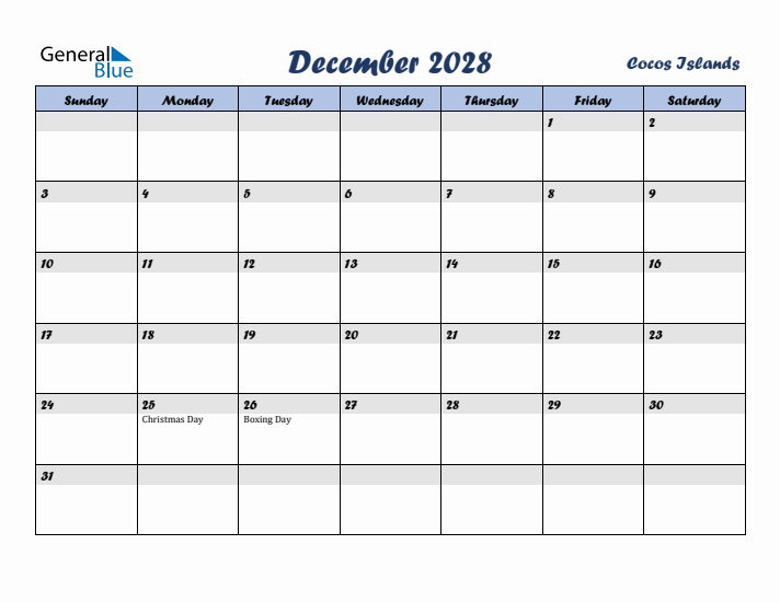 December 2028 Calendar with Holidays in Cocos Islands