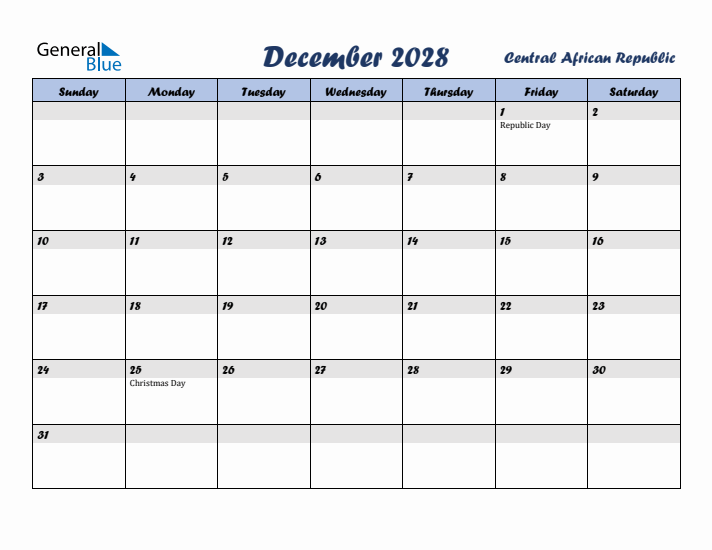 December 2028 Calendar with Holidays in Central African Republic