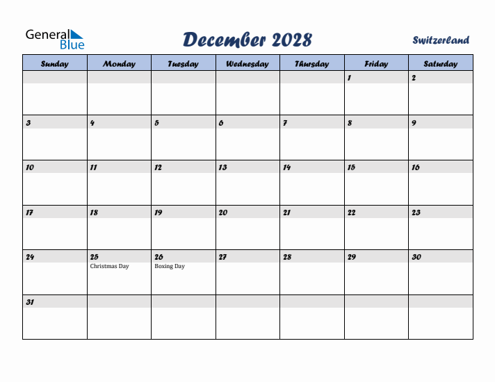 December 2028 Calendar with Holidays in Switzerland