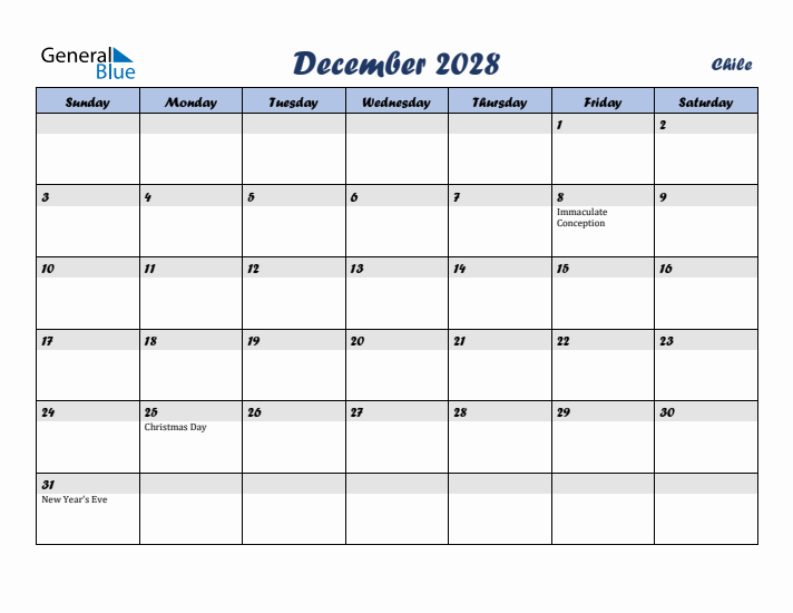 December 2028 Calendar with Holidays in Chile