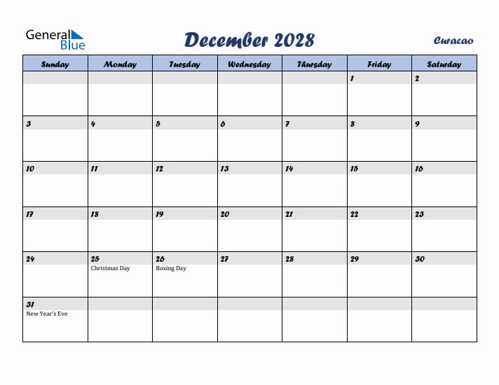 December 2028 Calendar with Holidays in Curacao