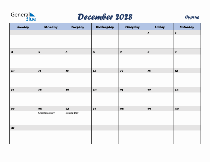 December 2028 Calendar with Holidays in Cyprus
