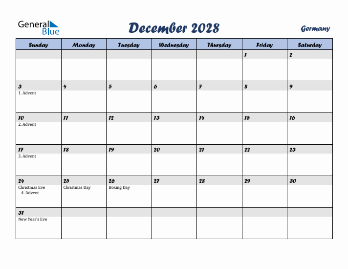 December 2028 Calendar with Holidays in Germany