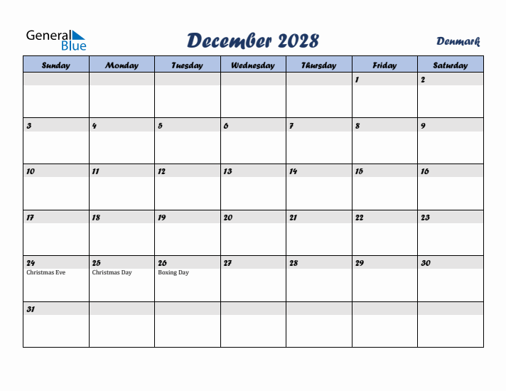 December 2028 Calendar with Holidays in Denmark