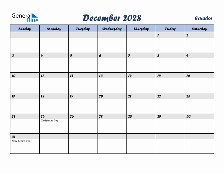 December 2028 Calendar with Holidays in Ecuador