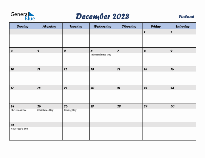 December 2028 Calendar with Holidays in Finland