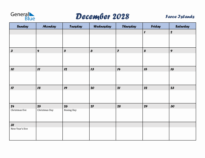 December 2028 Calendar with Holidays in Faroe Islands