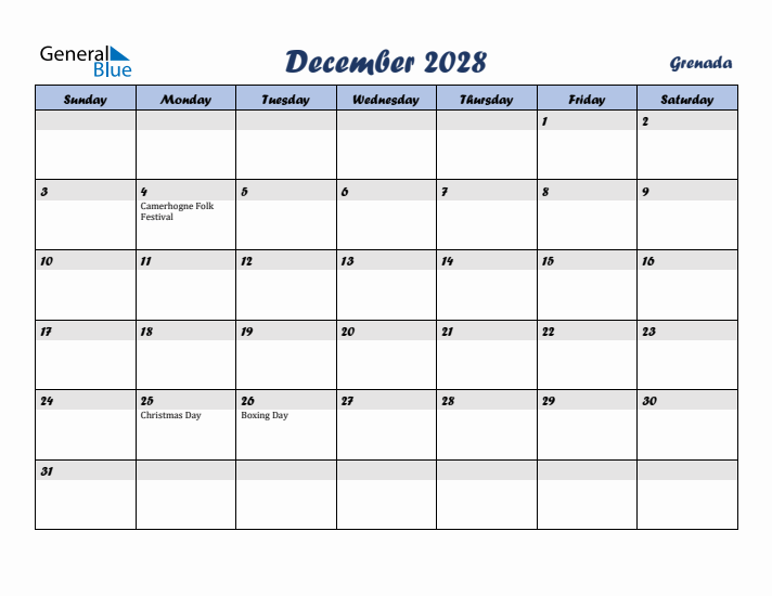 December 2028 Calendar with Holidays in Grenada