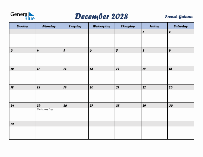 December 2028 Calendar with Holidays in French Guiana