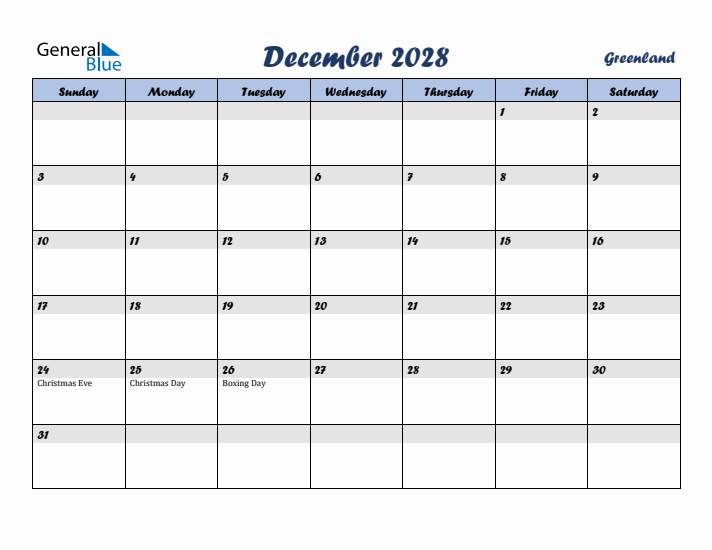 December 2028 Calendar with Holidays in Greenland