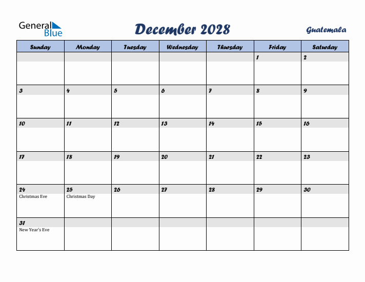 December 2028 Calendar with Holidays in Guatemala